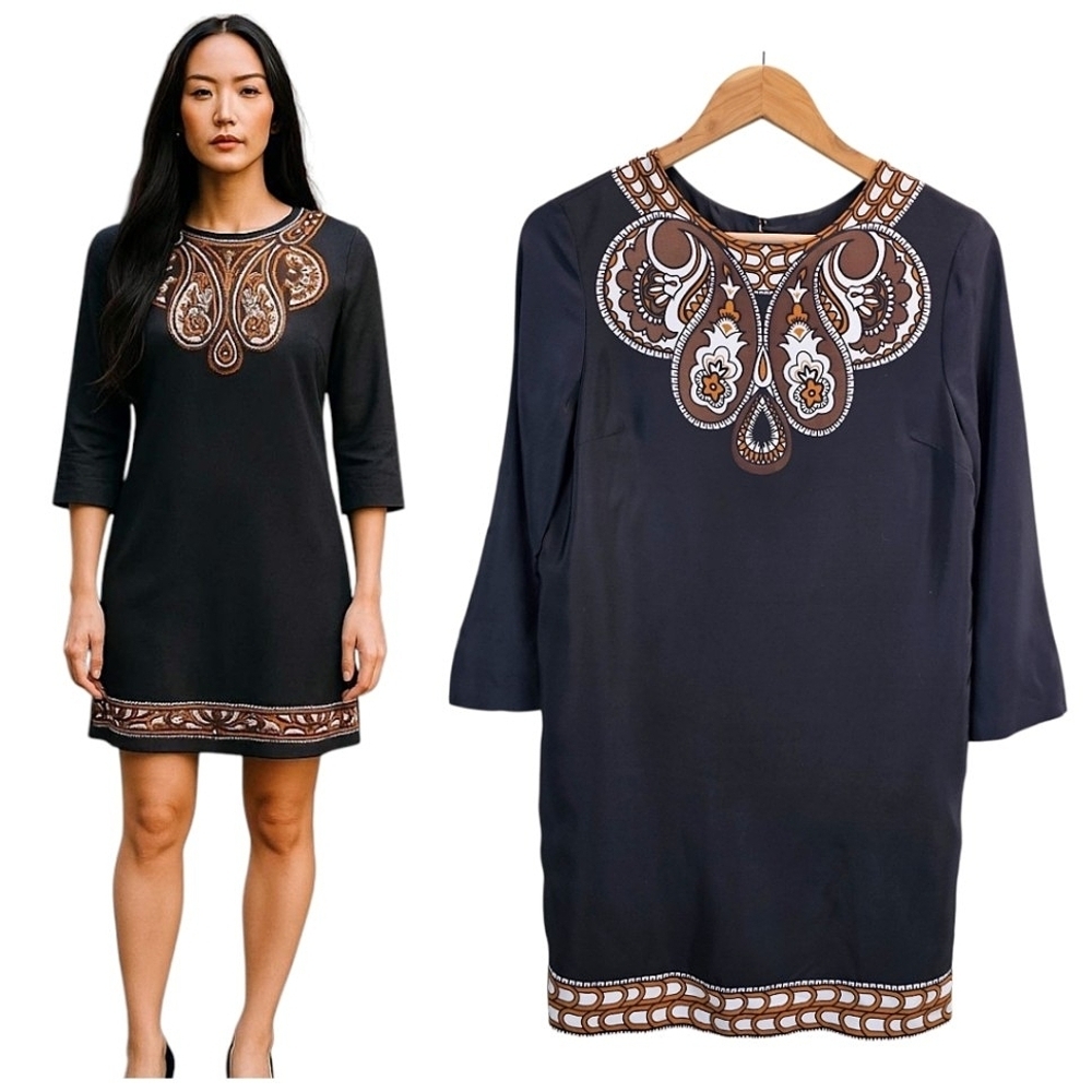 Tibi Women 100% Silk 3/4 Sleeve Shift Dress 8 Black Sophisticated Luxury Elegant